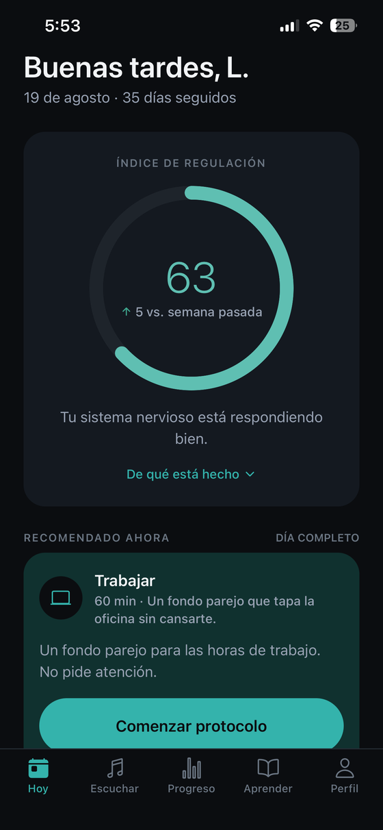 El Índice de Regulación arriba y, abajo, lo único que hay que hacer ahora. El resto de la app está para cuando quieras buscar; esta pantalla está para cuando no.