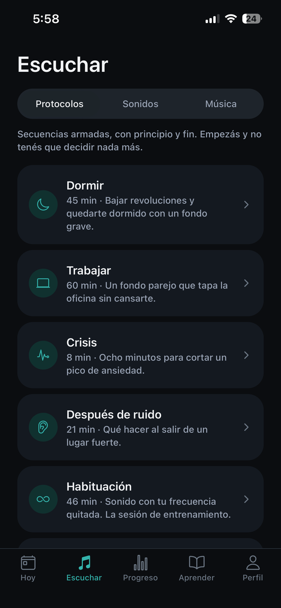 Escuchar → Protocolos. Cada uno dice para qué momento es y cuánto dura. No hay que elegir sonidos: se elige el momento.